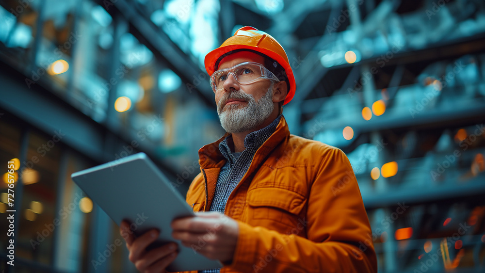 Engineer use digital tablet while standing in modern building tower Engineer use digital tablet while standing in modern building tower