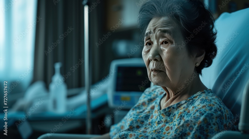 An old Asian woman sits sadly in the hospital with a clock telling her time is running out.