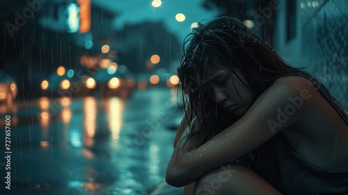 A woman crying, sitting heartbroken on the side of the road, rainy season, wet hair, in the city, beautiful lights.