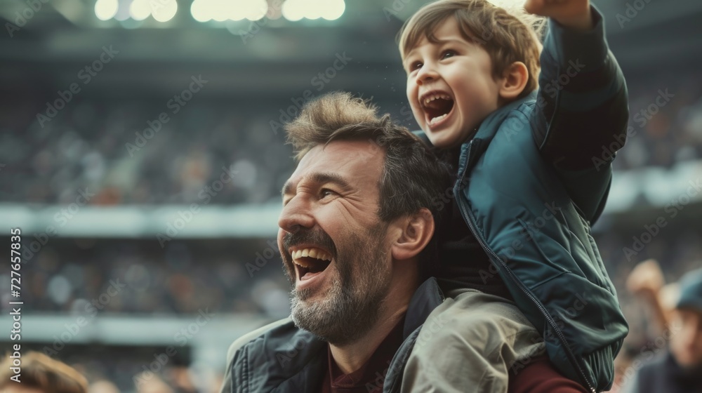 Joyful Celebration Under the Stadium Lights: Family Moments Father son cheering at Sporting Event