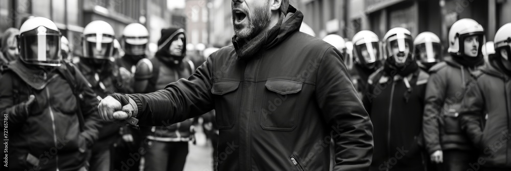 Activist leading protest with megaphone during large-scale demonstration with group of demonstrators Activist leading protest with megaphone during large-scale demonstration with group of demonstrators
