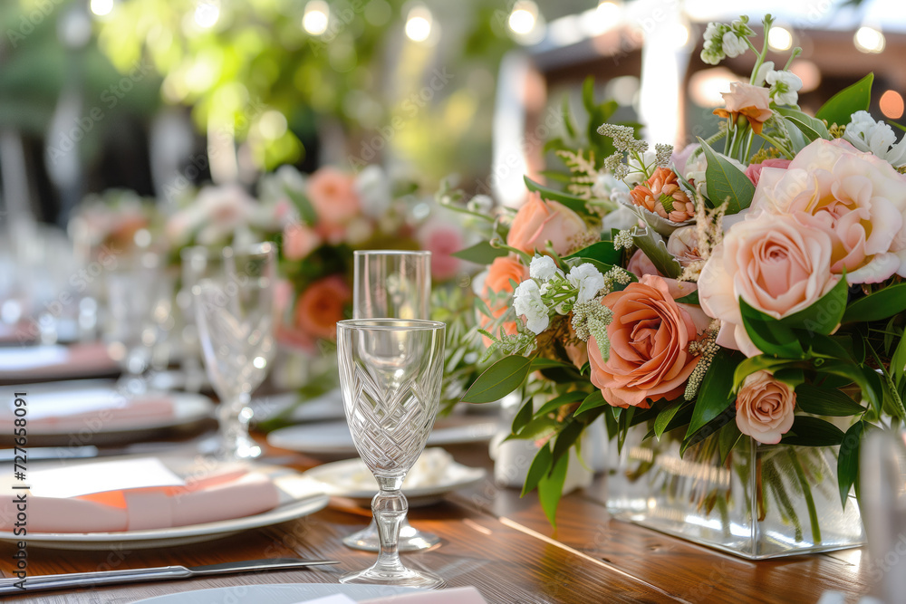 Close up of wedding reception table setting with flower arrangements Close up of wedding reception table setting with flower arrangements
