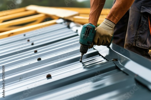 Construction worker wearing safety harness belt during working on roof structure of building on construction site.