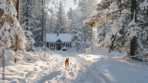 Dog running in the snow, white, pine trees, small house