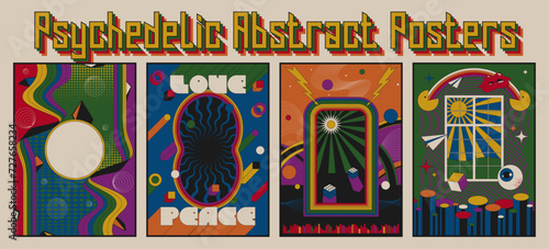 Psychedelic Abstract Posters, Colorful Abstract Backgrounds, Geometric Shapes