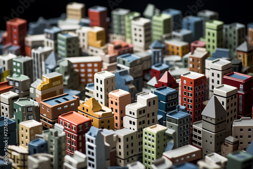 Miniature cardboard cityscape model on table. Generative AI