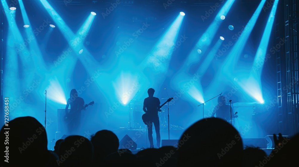 Fun music concert. Popular band star sing song. Happy fans people enjoy rock festival. Night club rave life. Disco show. Beautiful neon light. Musician man live perform. Singer play guitar silhouette.