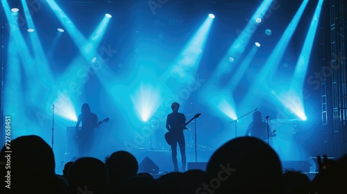 Fun music concert. Popular band star sing song. Happy fans people enjoy rock festival. Night club rave life. Disco show. Beautiful neon light. Musician man live perform. Singer play guitar silhouette.