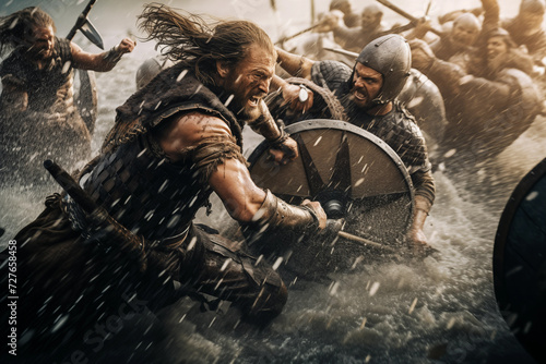 Epic vikings fight in battle among water splashes. Generative AI