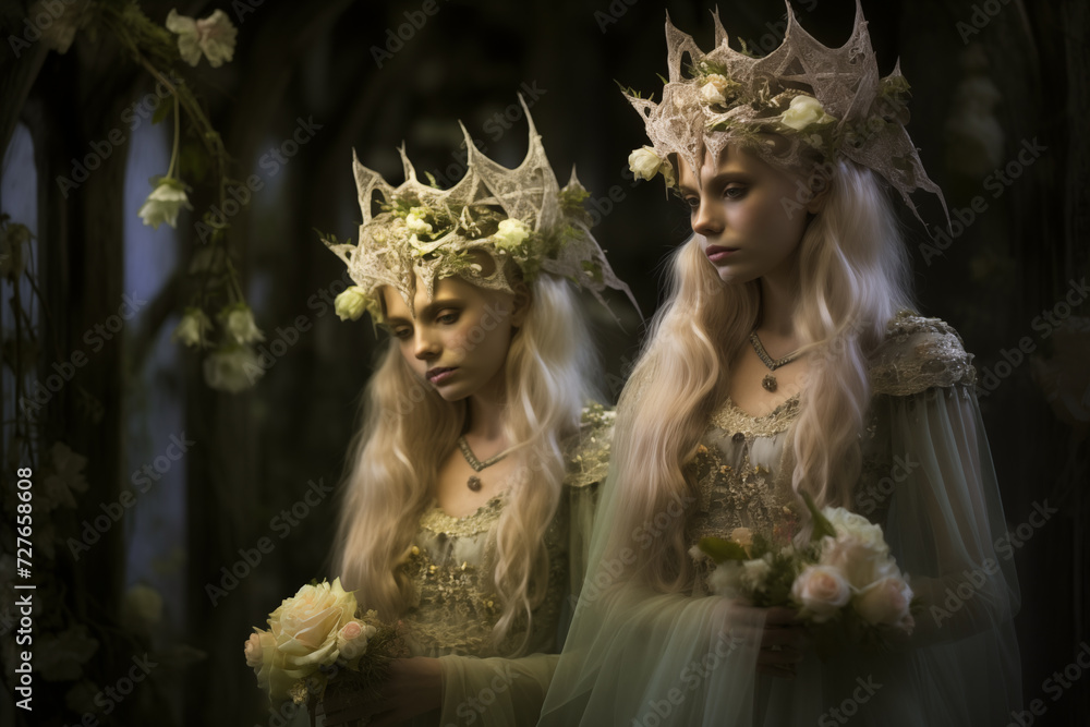 Elves women in an enchanted forest. Generative AI