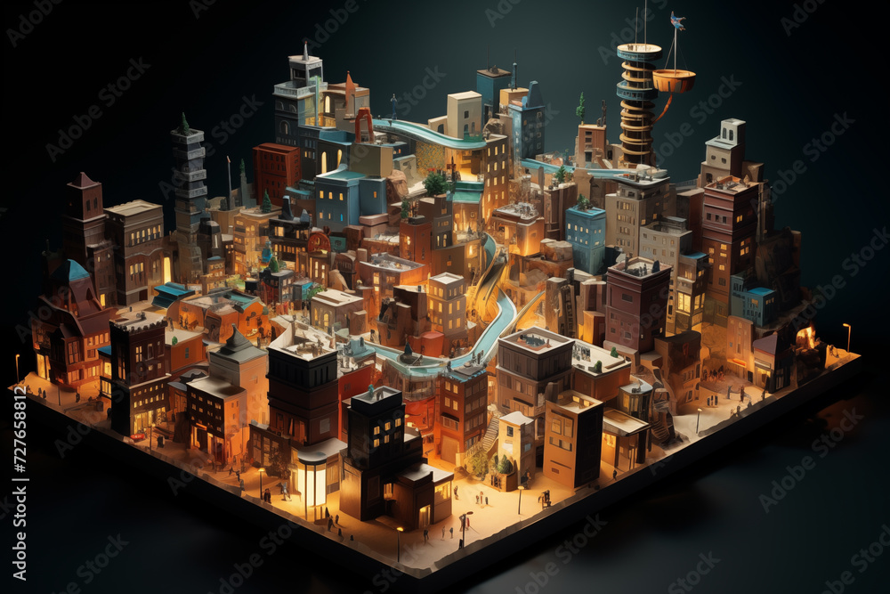 Toy cardboard night cityscape model on table. Generative AI Toy cardboard night cityscape model on table. Generative AI