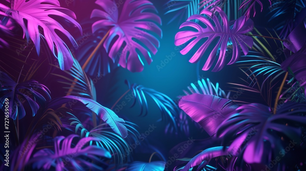 Neon Background with Tropical Leaves - 4K Realistic Glow


