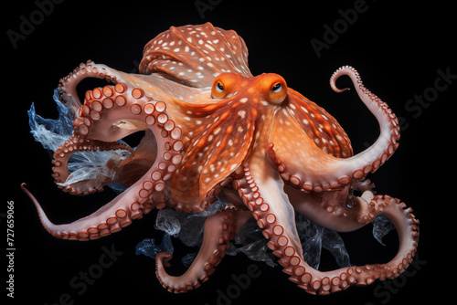 Big octopus during a hunting sequence underwater. Generative AI