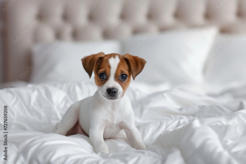 Tiny Jack Russel terrier puppy on the white bed close up. Dog pet Tiny Jack Russel terrier puppy on the white bed close up. Dog pet
