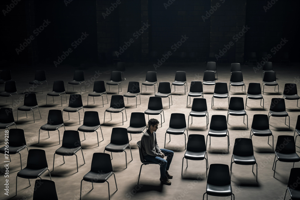 Fototapeta premium Alone man sitting inside huge empty hall with many chairs. Generative AI