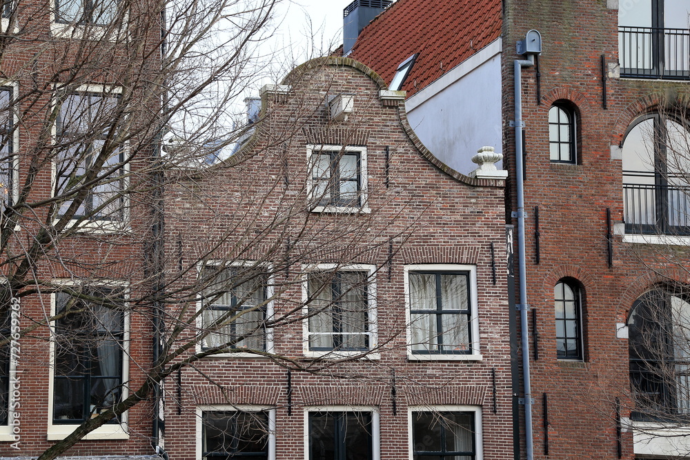 Amsterrdam Prinsengracht Canal House Facade with Bell Gable Close Up, Netherlands