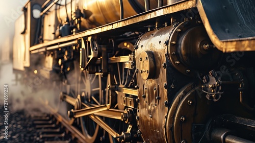 Close-Up View of a Vintage Steam Locomotive Engine Emitting Steam, Highlighting the Intricate Mechanical Details and Warm Golden Lighting
