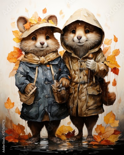 autumn seasons, fairy tale concept. Cute and funny animals in raincoats cartoon on white background