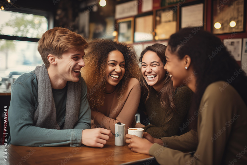 Laughing cheerful friend sitting in cafe with cups of coffee and having fun. Generative AI