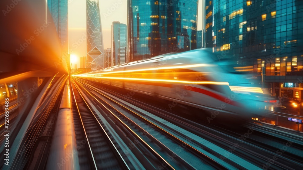 High speed train, tall building, evening light, low Iso, bright light, high perspective