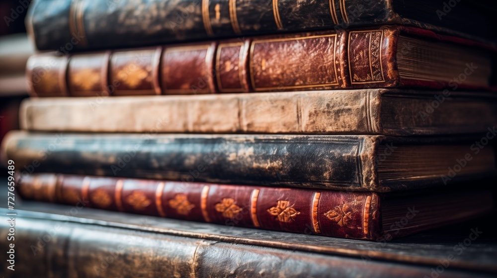 Close up macro shot of textured leather old books on bookshelf. Public library Close up macro shot of textured leather old books on bookshelf. Public library