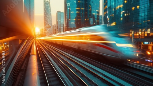 High speed train, tall building, evening light, low Iso, bright light, high perspective © Jeerawut