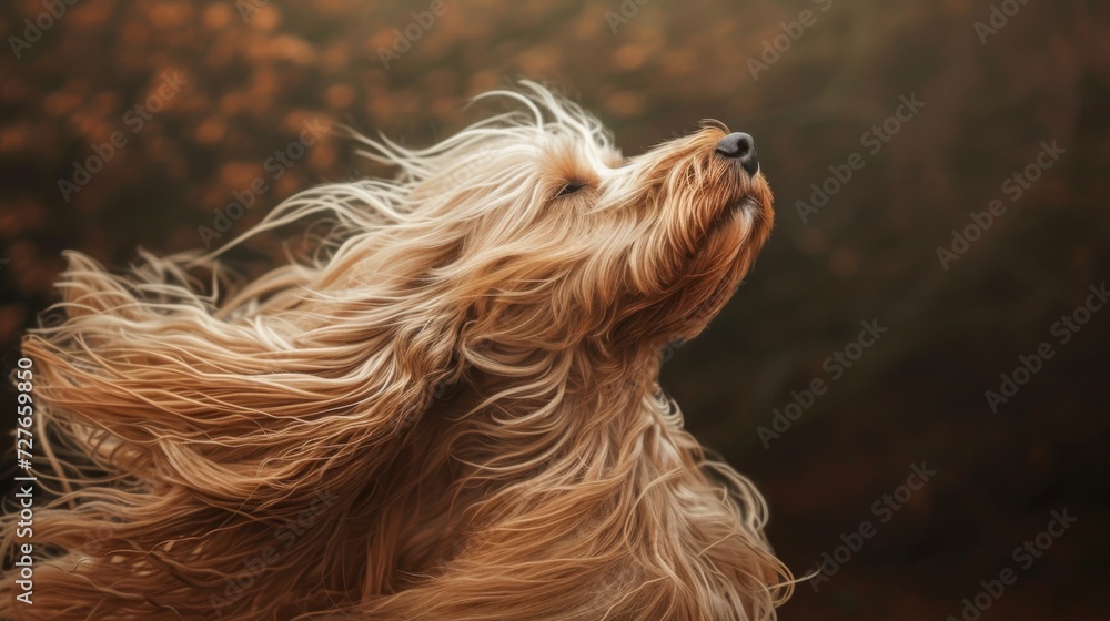 A dog with long hair blowing in the wind in style of fashion editorial. Dog coat on dark background. Grooming A dog with long hair blowing in the wind in style of fashion editorial. Dog coat on dark background. Grooming