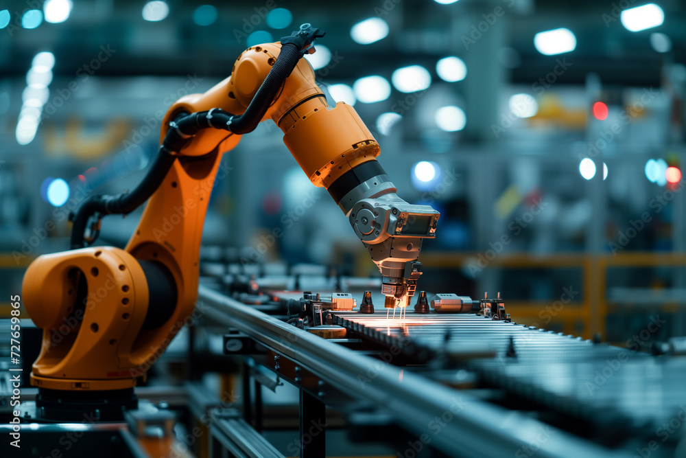 A single robotic arm efficiently automates tasks on a conveyor system in a large industrial manufacturing facility. A single robotic arm efficiently automates tasks on a conveyor system in a large industrial manufacturing facility.