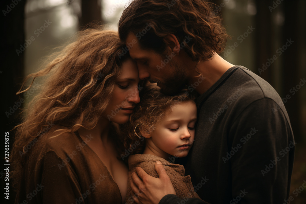 Lovely family sleeping and hugging together. Adorable child girl, mother and father. Generative AI Lovely family sleeping and hugging together. Adorable child girl, mother and father. Generative AI