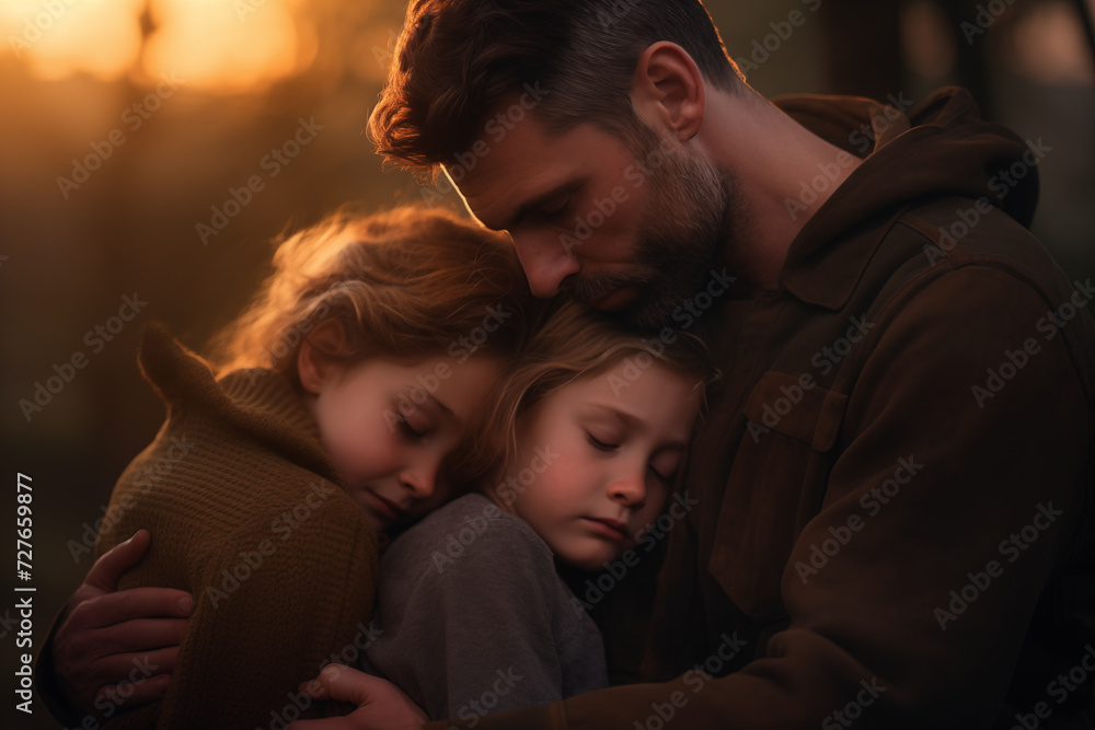Portrait of dad and two cute sleeping daughters outdoor. Generative AI Portrait of dad and two cute sleeping daughters outdoor. Generative AI