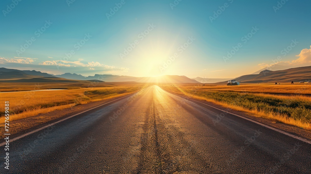 road temperature is high, hot, there are cars far away, the sun is shining, there are people. - obrazy, fototapety, plakaty 