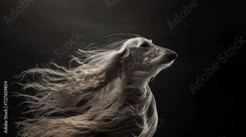 A dog with long hair blowing in the wind in style of fashion editorial. Dog coat on dark background. Grooming © Vladimir