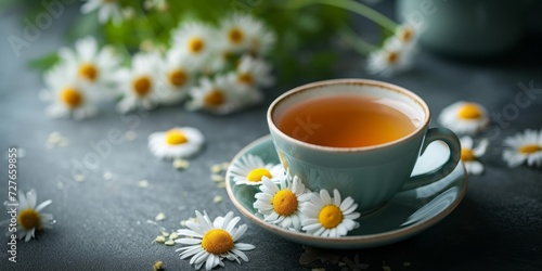 Cup of herbal tea with chamomile flowers on a gray ground.