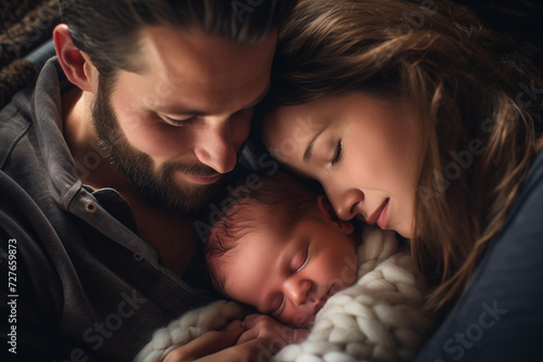 Lovely family sleeping and hugging together. Adorable newborn baby, mother and father. Generative AI