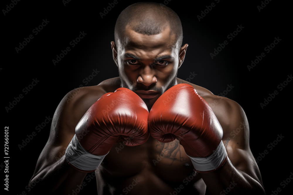 Young serious expressive boxer wearing red boxing gloves. Generative AI