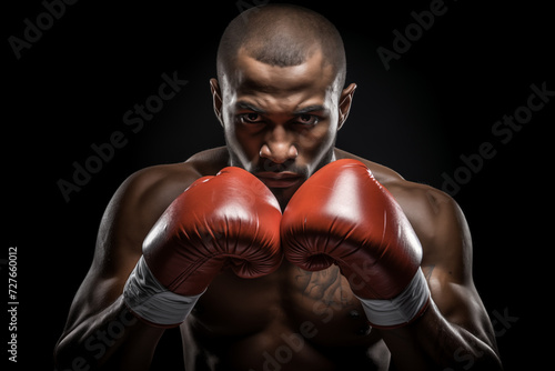 Young serious expressive boxer wearing red boxing gloves. Generative AI