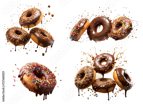 Collection of round donut doughnut, chocolate set, flying falling with sprinkles nuts topping frosting on transparent background cutout, PNG file. Many assorted different. Mockup template for artwork