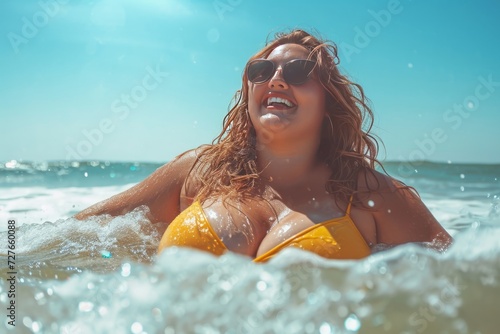 Happy, curvy woman enjoying a summer surfing adventure at the beach, model plus size photo
