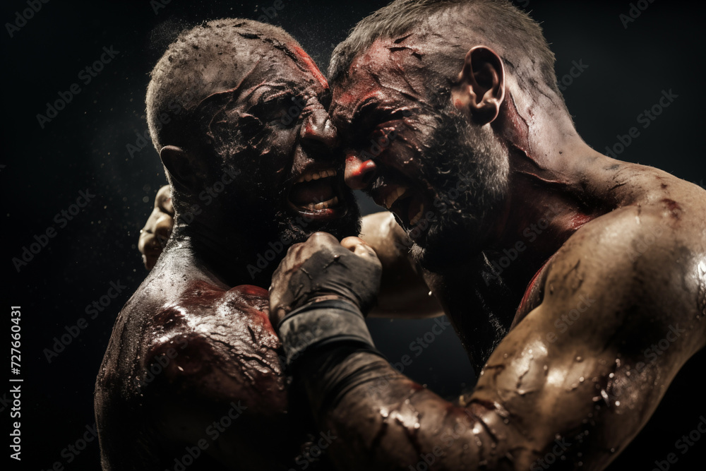 Close combat exchange with extreme close-ups of clinch and grappling action. Generative AI Close combat exchange with extreme close-ups of clinch and grappling action. Generative AI