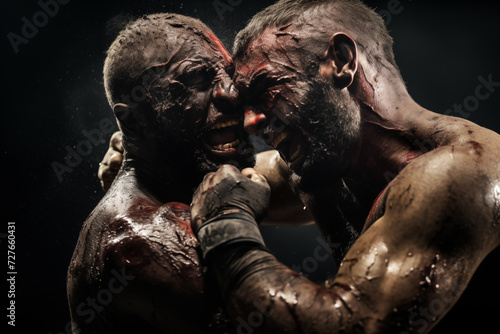 Close combat exchange with extreme close-ups of clinch and grappling action. Generative AI