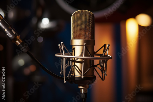 Close-up of a high-end condenser microphone in a professional recording studio. Generative AI photo