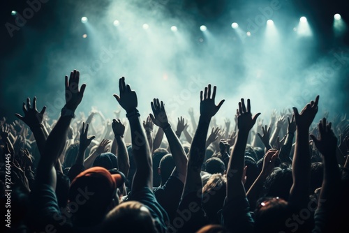 A large group of people at a concert raise their hands in excitement, creating a lively atmosphere. photo