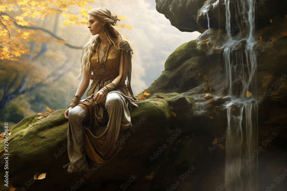 Elf woman near waterfall. Generative AI