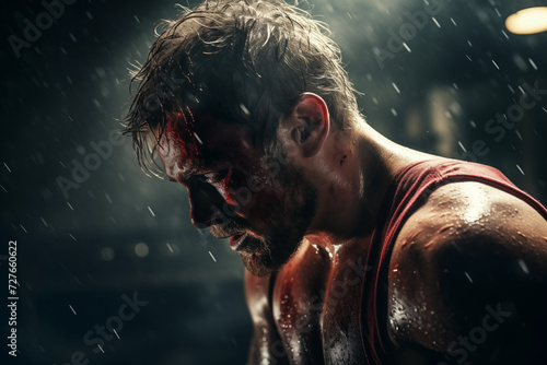 Dramatic shot emphasizing blood and sweat with a fighter wiping sweat during a break. Generative AI photo