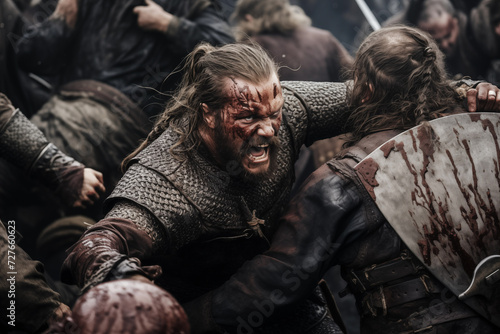 Dynamic image of vikings epic fight. Generative AI photo