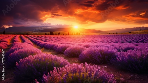 A beautiful lavender field with blooming purple flowers at sunset. Nature, Landscape in Provence.