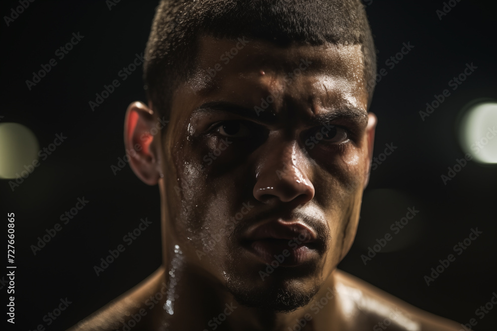 Focused expression of a boxer during a match. Generative AI Focused expression of a boxer during a match. Generative AI