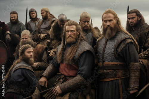 Group of vikings in various colored tunics. Generative AI