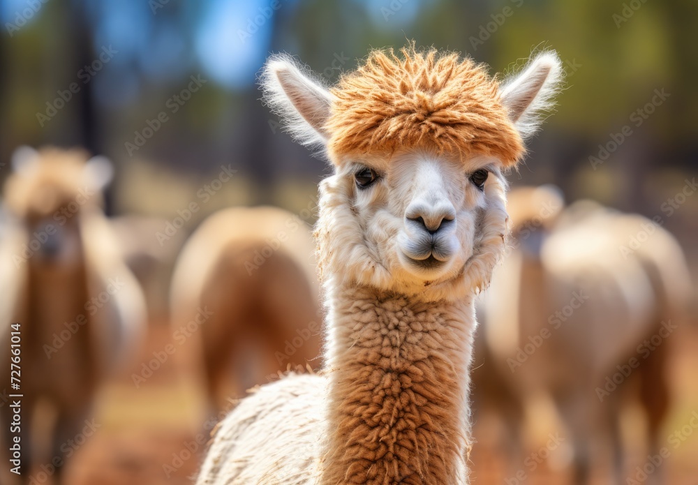 A detailed shot capturing a llama up close with a group of other llamas visible in the background.