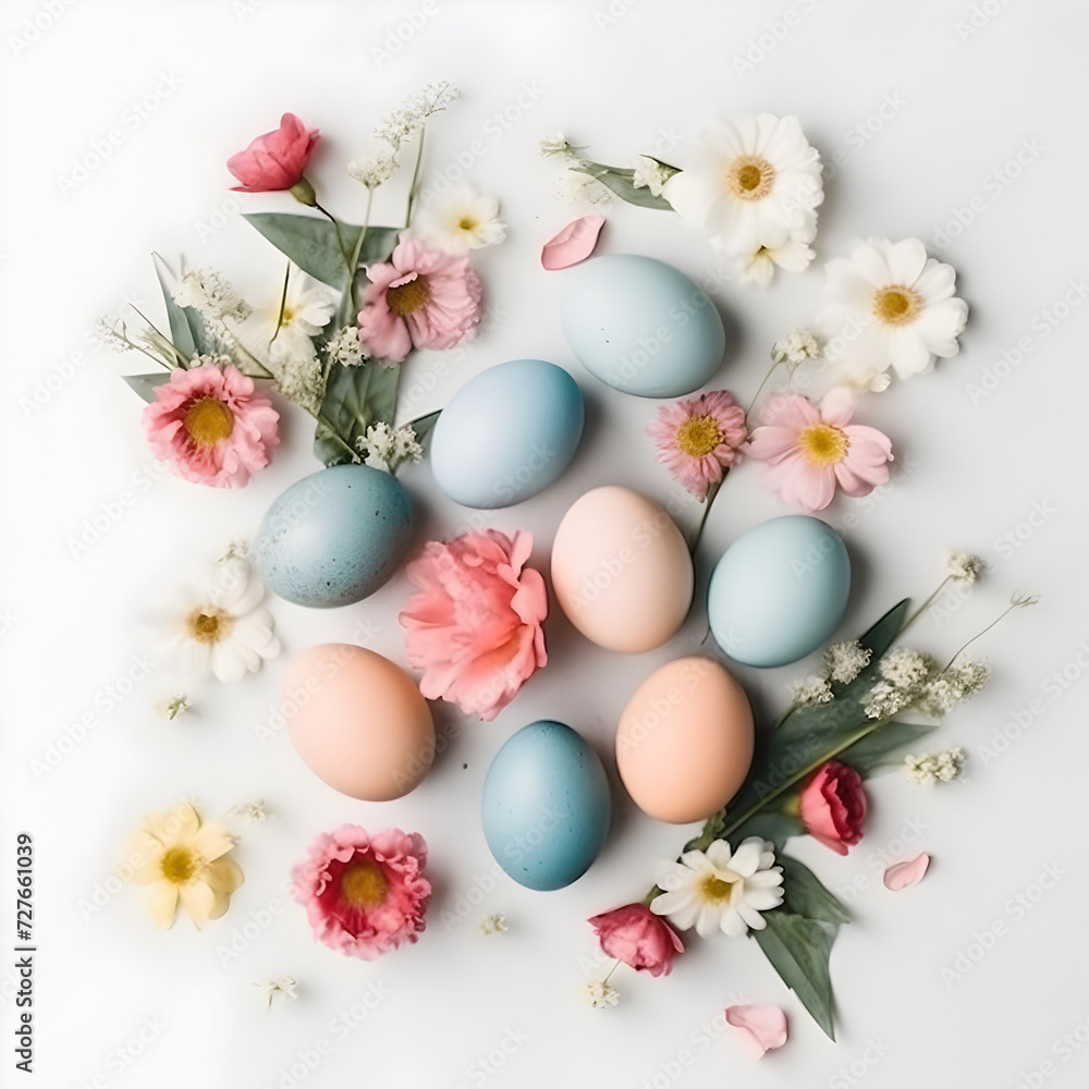 Easter holiday banner with colorful eggs and sping flowers